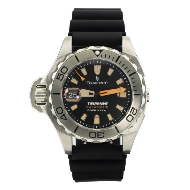 A black and silver Tecnotempo Tsunami Automatic diver's watch with a black rubber strap, 1000m water resistance, and date display.